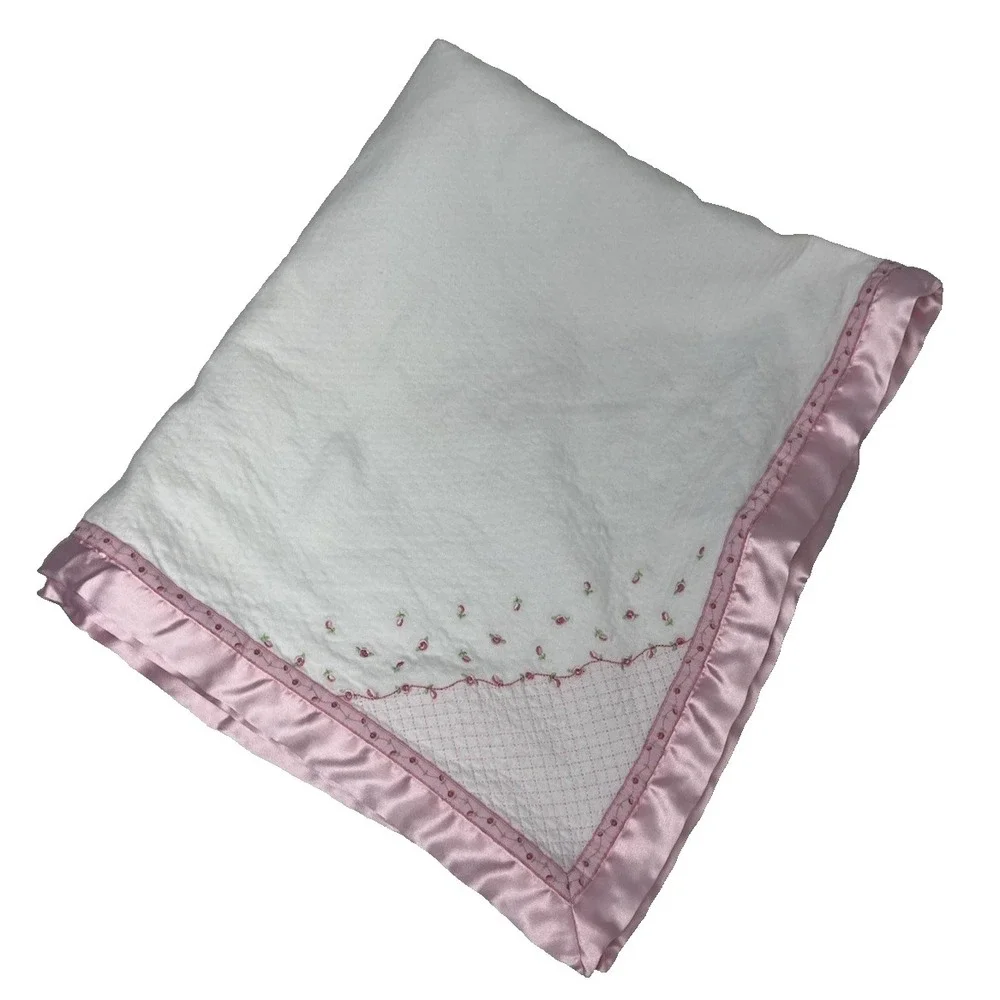 Vintage Carters Little Rose Baby Blanket Flowers Satin Trim‎ 100% Cotton White